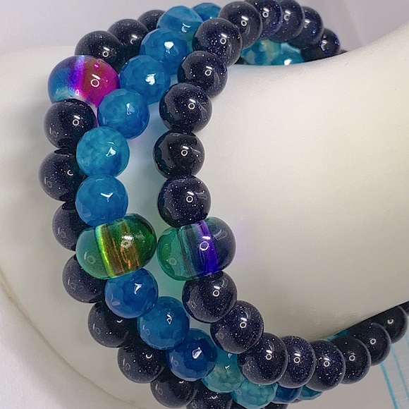 BLUE SANDSTONE + DRAGON VEINS  AGATE SET NATURAL BRACELETS size 7” - Picture 6 of 8